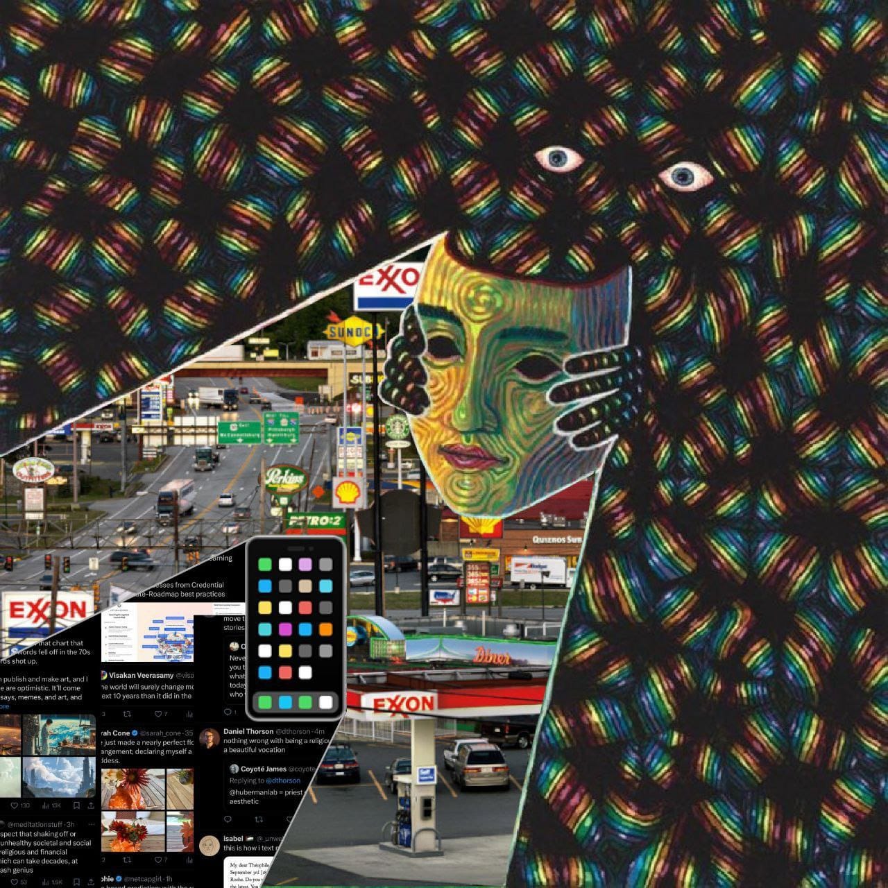 A person holding a mask and phone, representing human identity and perspective.