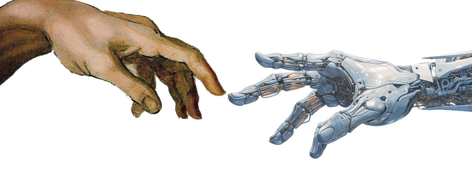 The Creation of Adam reimagined as a human hand reaching toward a robotic hand
