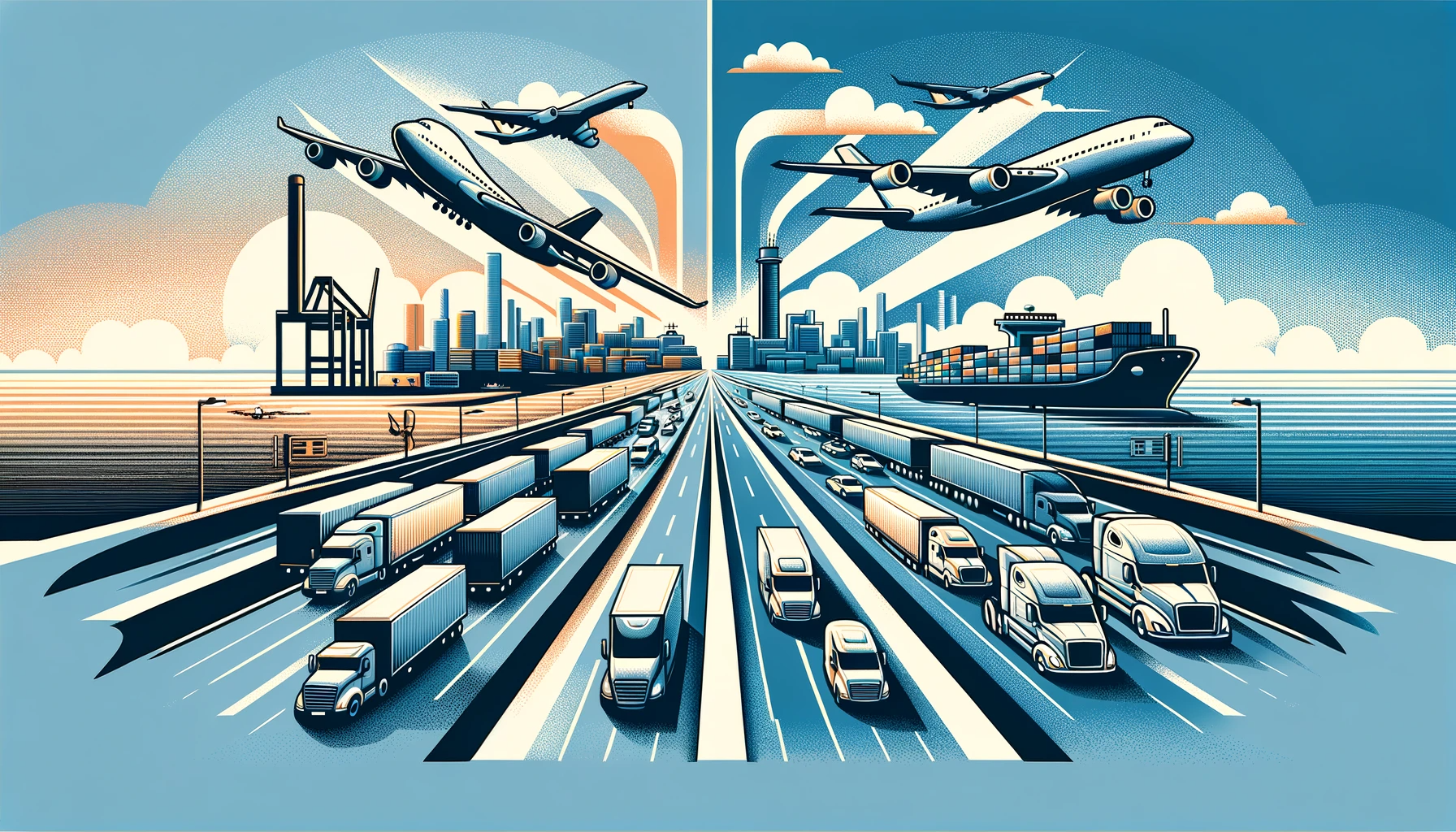Illustrated multimodal transportation system with road, sea, and air freight