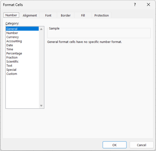 Format Cells window on the Number tab, with categories from General to Custom in a list on the left.