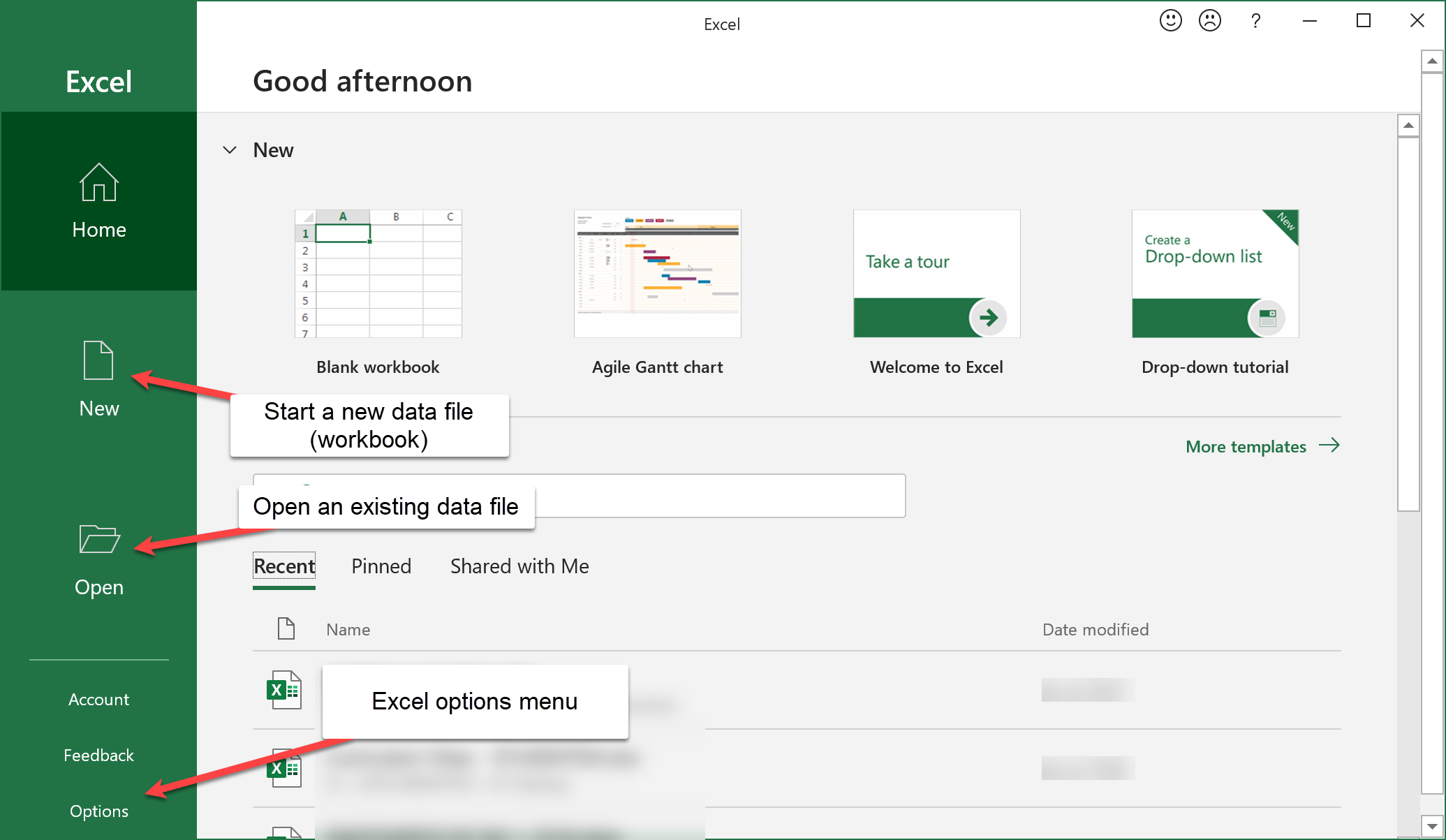 Excel start screen with labels pointing to New for a new workbook, Open for an existing file, and Options for the Excel options menu.