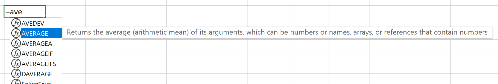 A cell containing =ave with a list of functions that start with AVE and a tooltip describing AVERAGE.