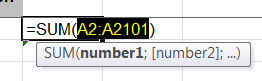 Formula =SUM(A2:A2101) with the reference A2:A2101 highlighted and the SUM tooltip below it.