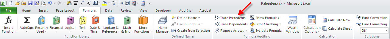 Excel 2010 Formulas tab with an arrow pointing to Trace Precedents in the Formula Auditing group.