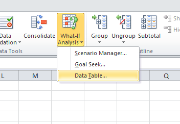 What-If Analysis menu on the Data tab listing Scenario Manager, Goal Seek, and Data Table, with Data Table highlighted.
