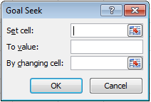 Goal Seek window with empty Set cell, To value, and By changing cell boxes.