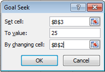 Goal Seek window with Set cell $B$3, To value 25, and By changing cell $B$2.