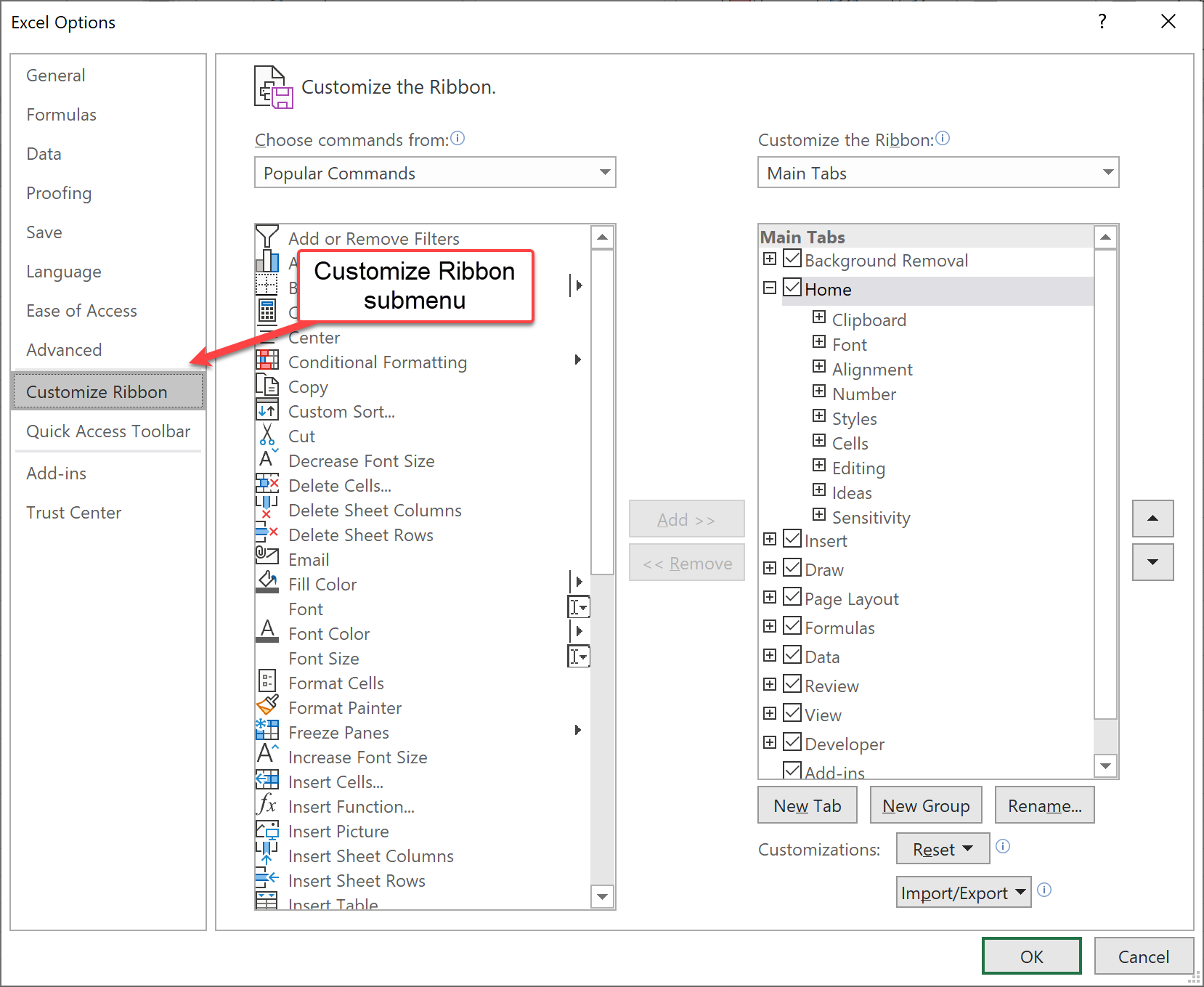 Excel Options window with Customize Ribbon selected, showing the list of commands and the list of main tabs.