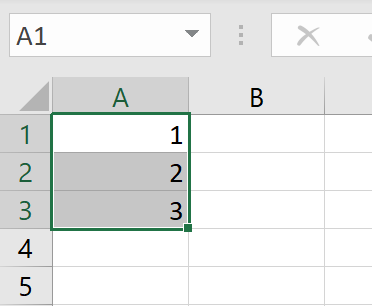 Worksheet with the values 1, 2, and 3 in cells A1 to A3, all three selected.