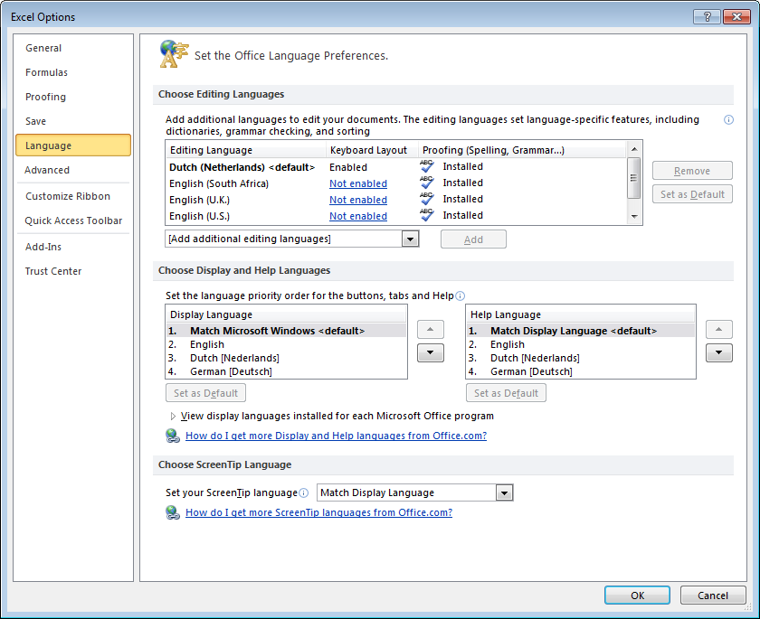 Excel 2010 Options window with Language selected, showing the editing languages and the order of display and help languages.