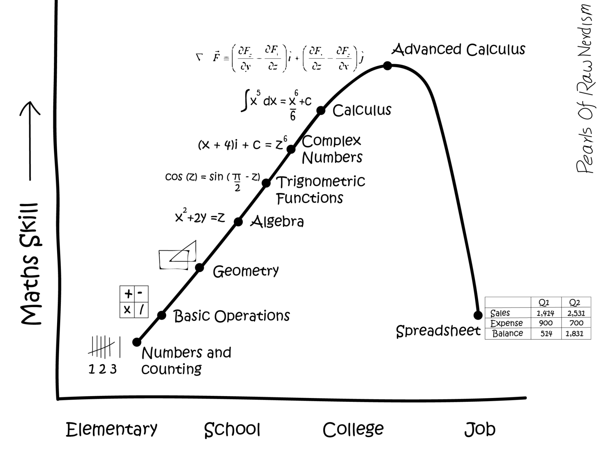 Hand-drawn chart of maths skill rising from counting to advanced calculus through school and college, then dropping to spreadsheets at a job.