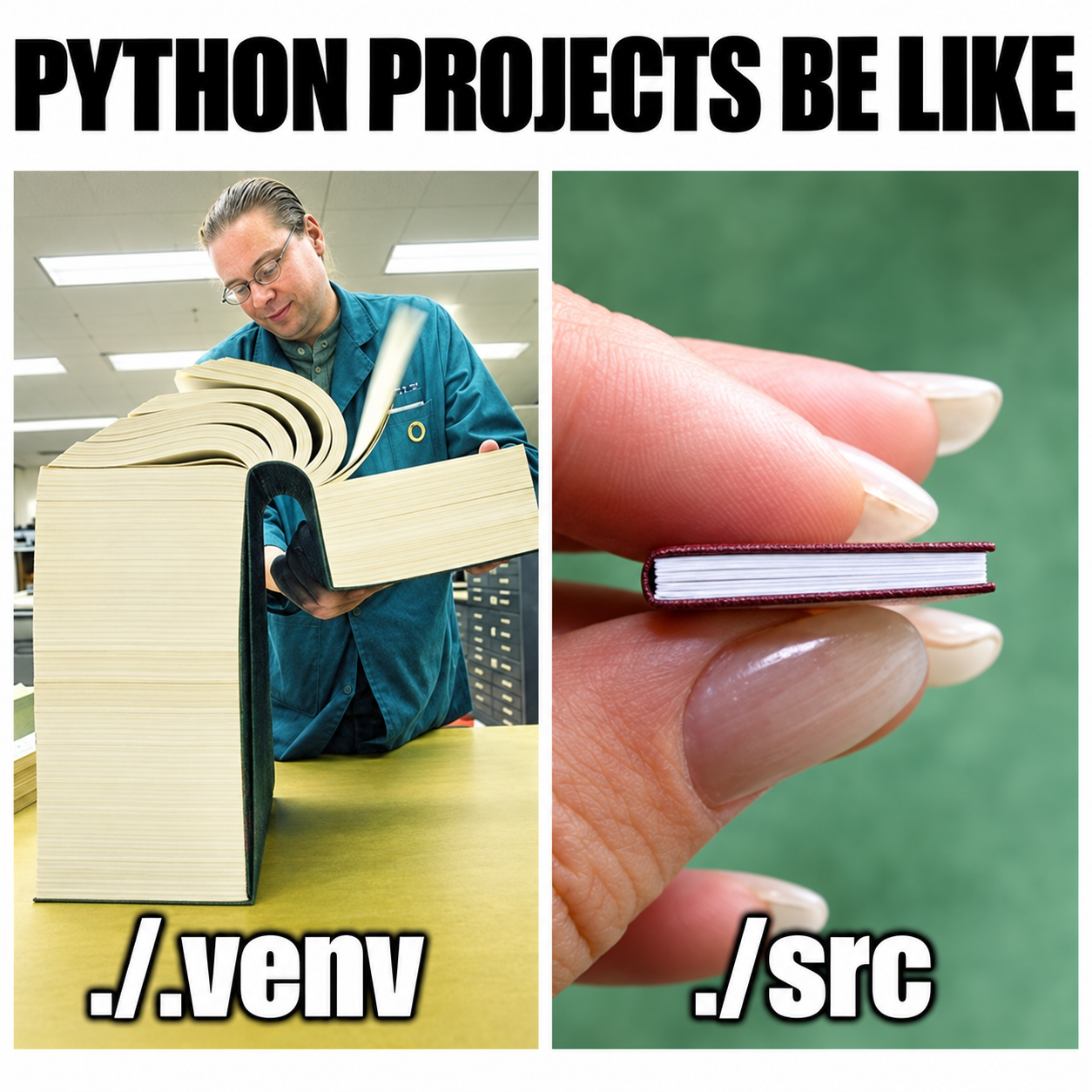Two-panel meme titled 'PYTHON PROJECTS BE LIKE'. A man holds an enormous book labelled './.venv'; fingertips hold a tiny book labelled './src'.