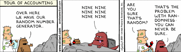 A three-panel comic shows a random-number generator outputting nine repeatedly and characters discussing whether that output is random.
