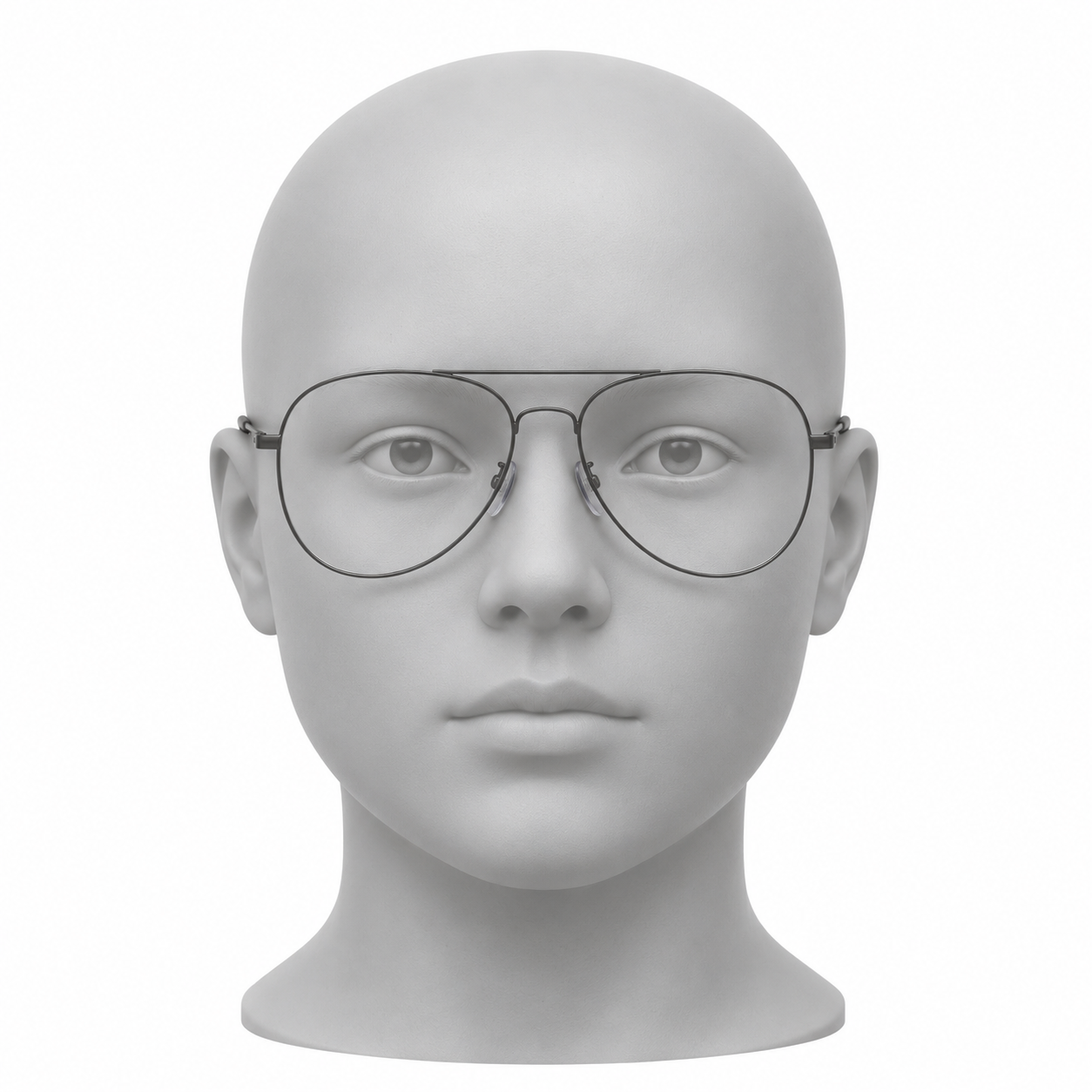 Round mannequin face wearing thin double-bridge aviator frames with teardrop lenses.