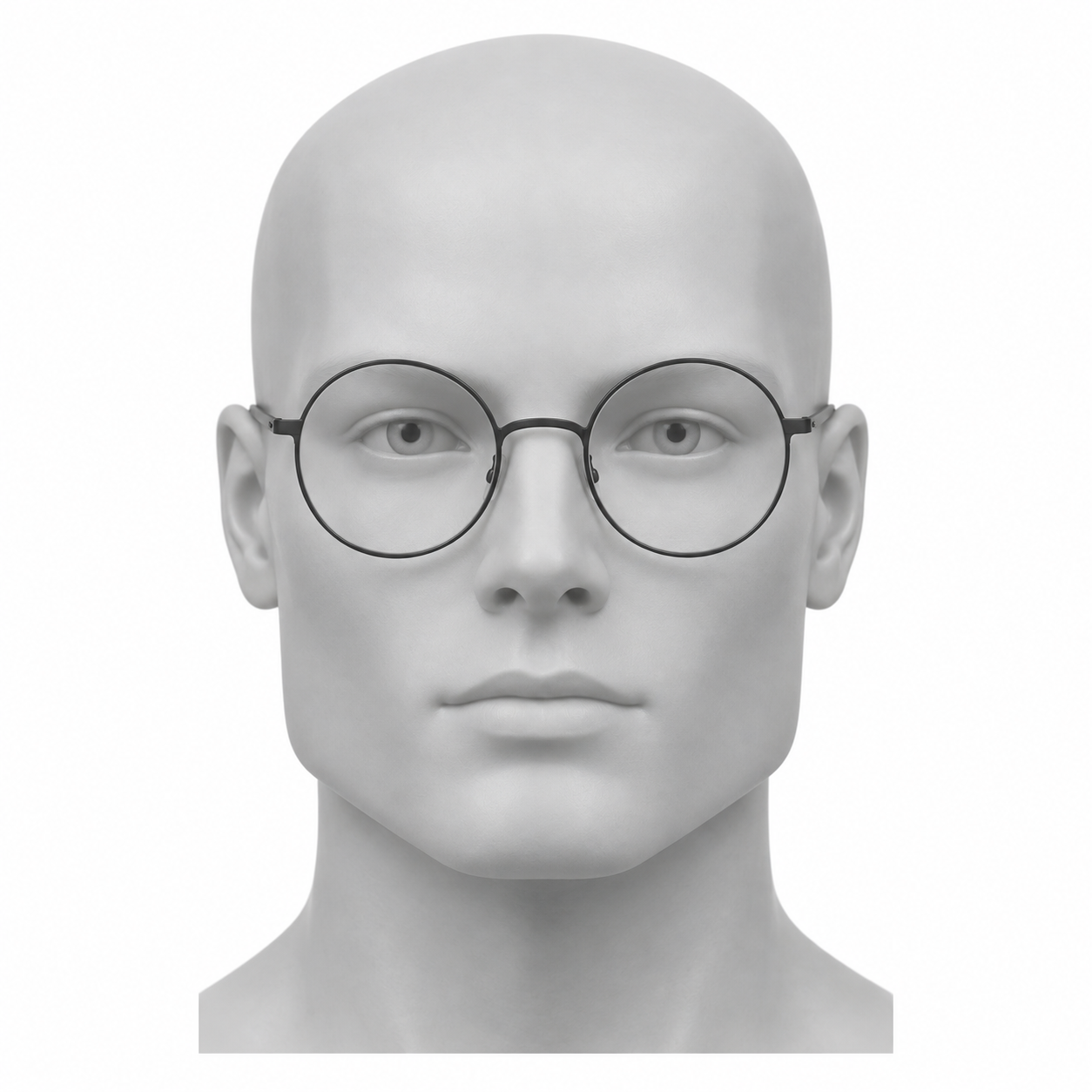 Square mannequin face with an angular jaw wearing circular round frames.