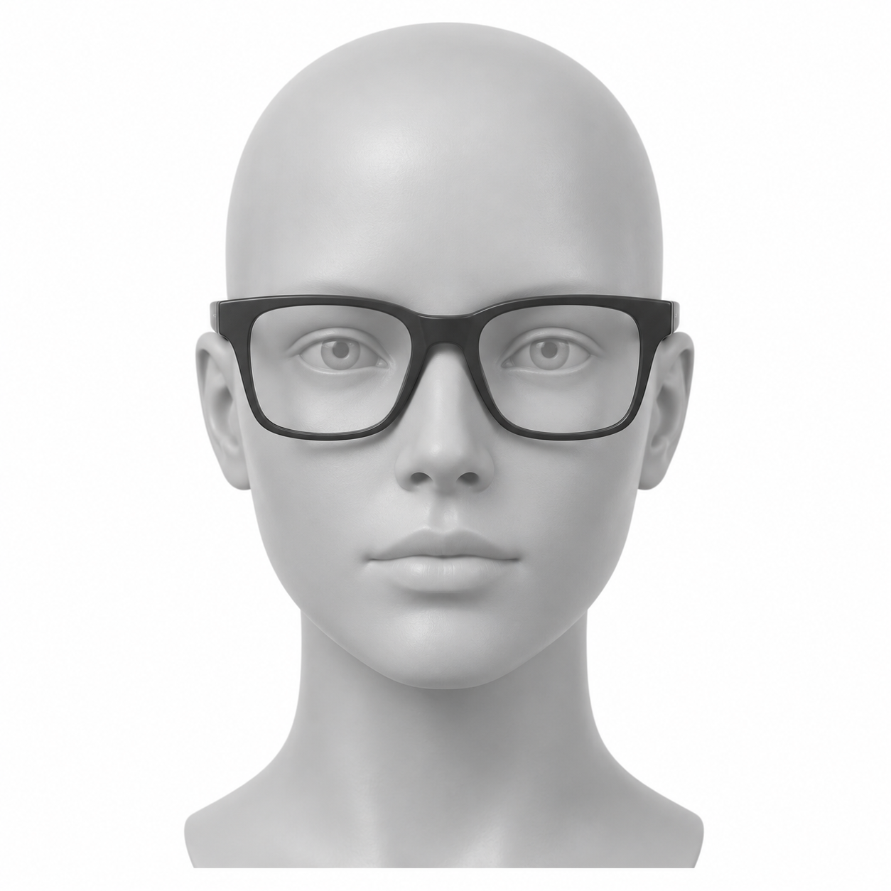 Oval mannequin face wearing thick angular Wayfarer frames.