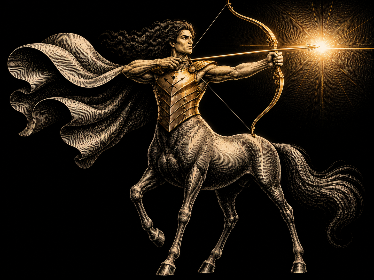 A visionary centaur leader in Sagittarius-inspired armor aims a drawn bow toward the horizon, guided by an AI-like light glowing at the arrow tip and illuminating his face.