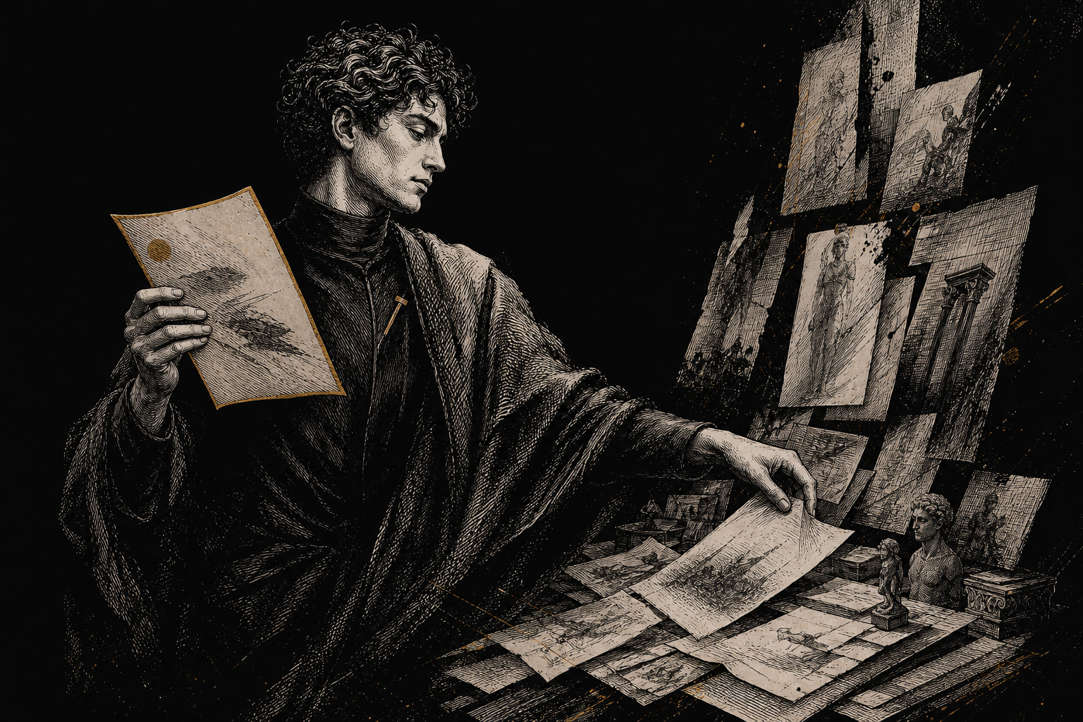 A discerning curator selecting one work from many alternatives.