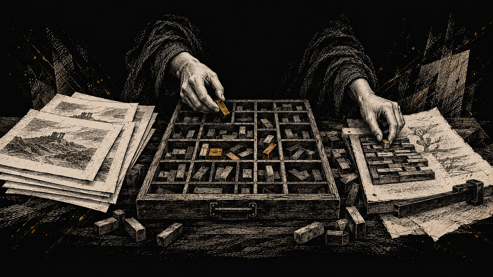 Two hands draw from the same printer's type case, producing repeated pages on one side and a distinct composition on the other.