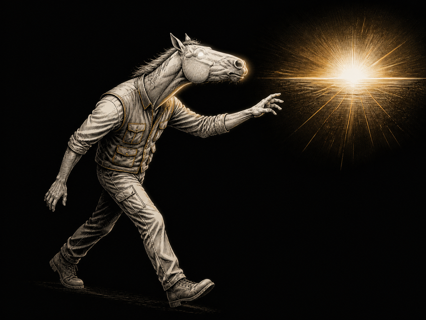 An inverse centaur with a human worker's body and a horse head, its blank eyes mesmerized by an artificial mirage of light.