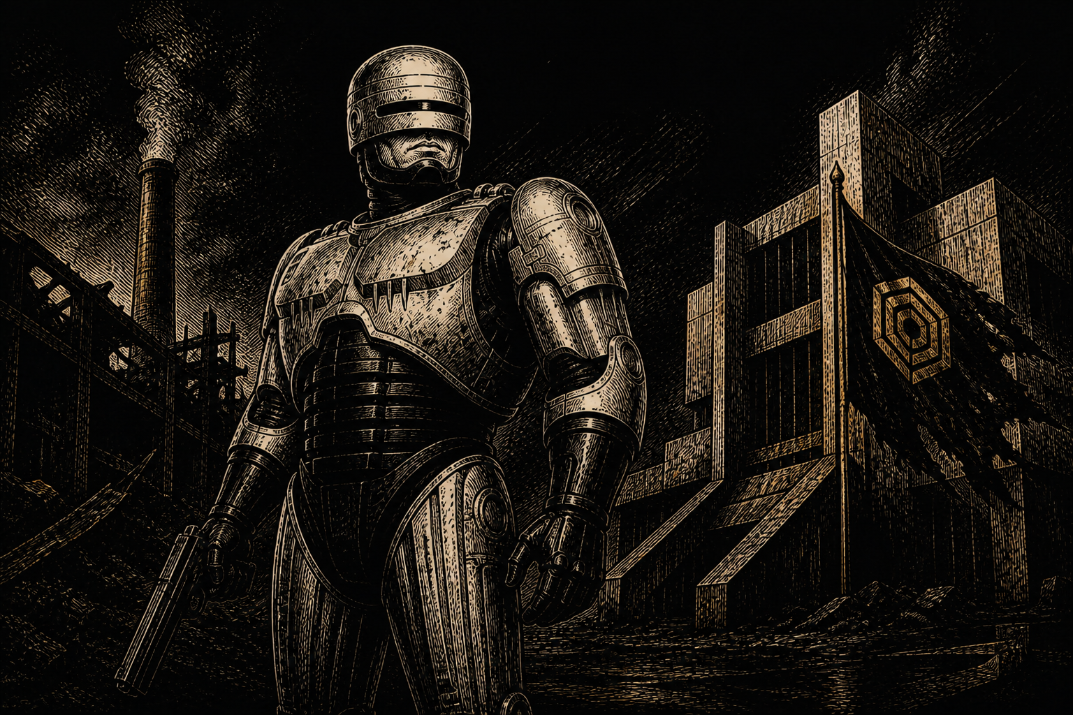 The 1987 RoboCop stands in a ruined industrial Detroit streetscape, rendered as an expressive ivory-and-brass engraving on black.
