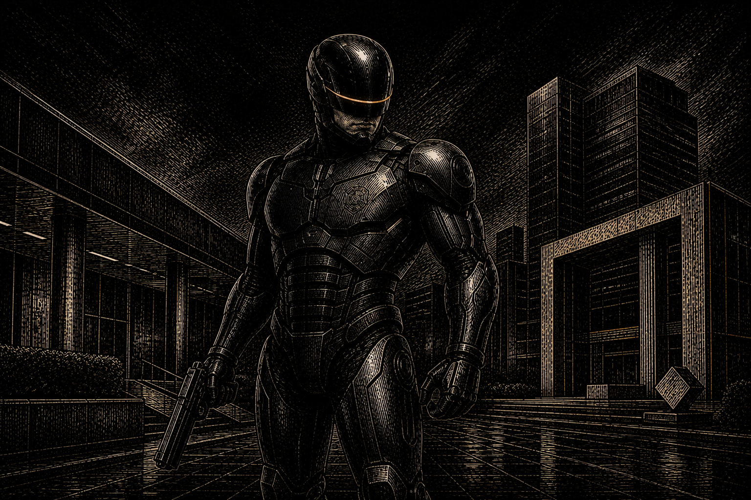The 2014 RoboCop advances through a polished corporate plaza, rendered as an expressive ivory-and-brass engraving on black.