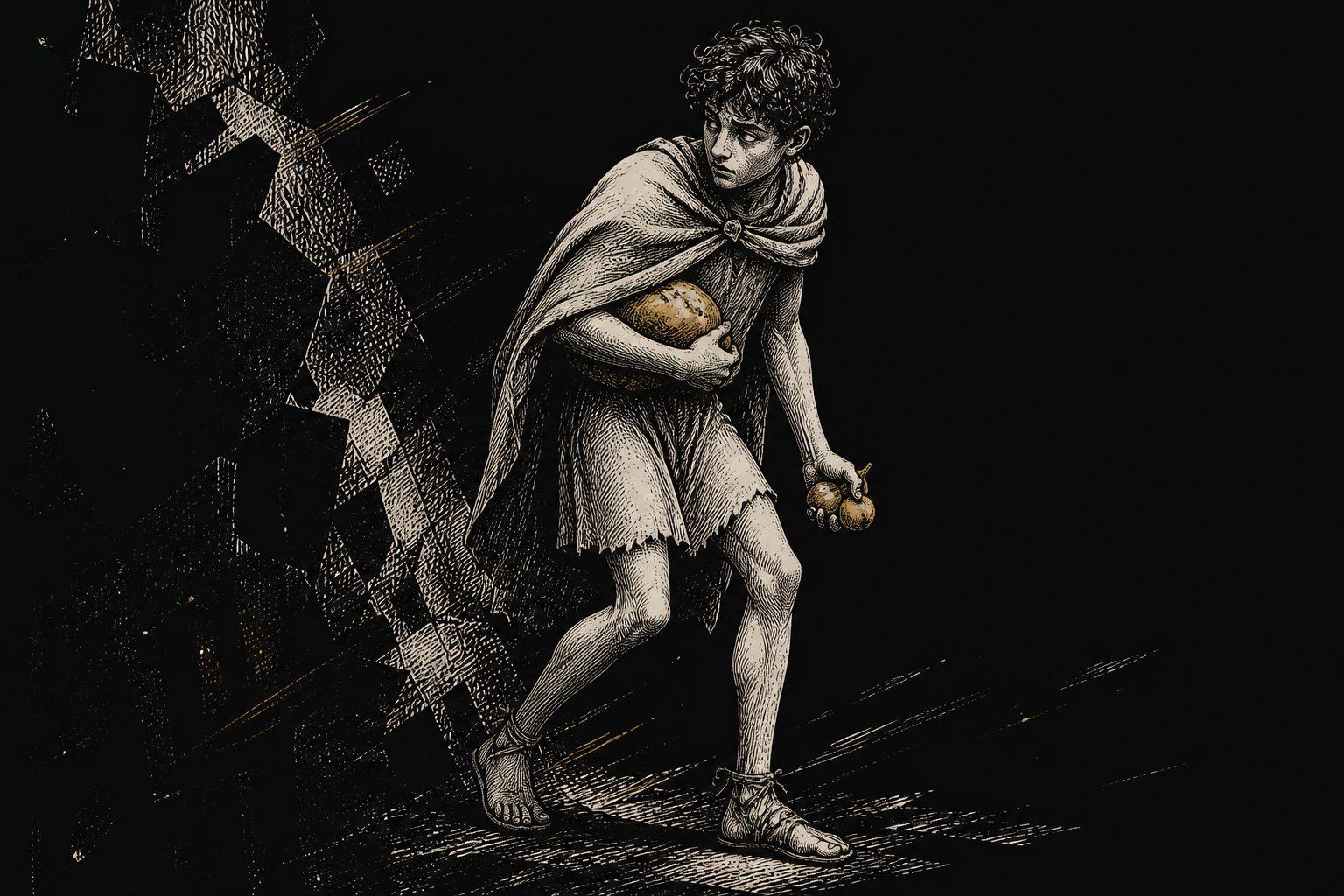 A gloomy Spartan youth carrying a loaf and figs under a worn cloak.