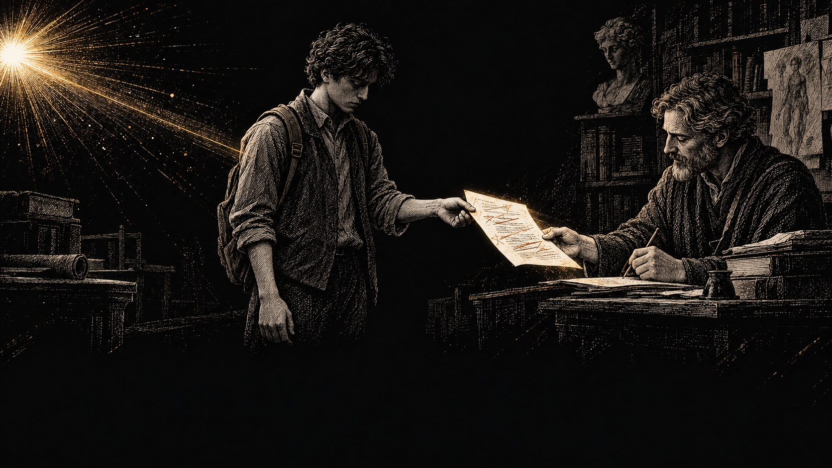 A student mechanically carries a corrected page between an AI-like light and a teacher, while the light bypasses the student's head.