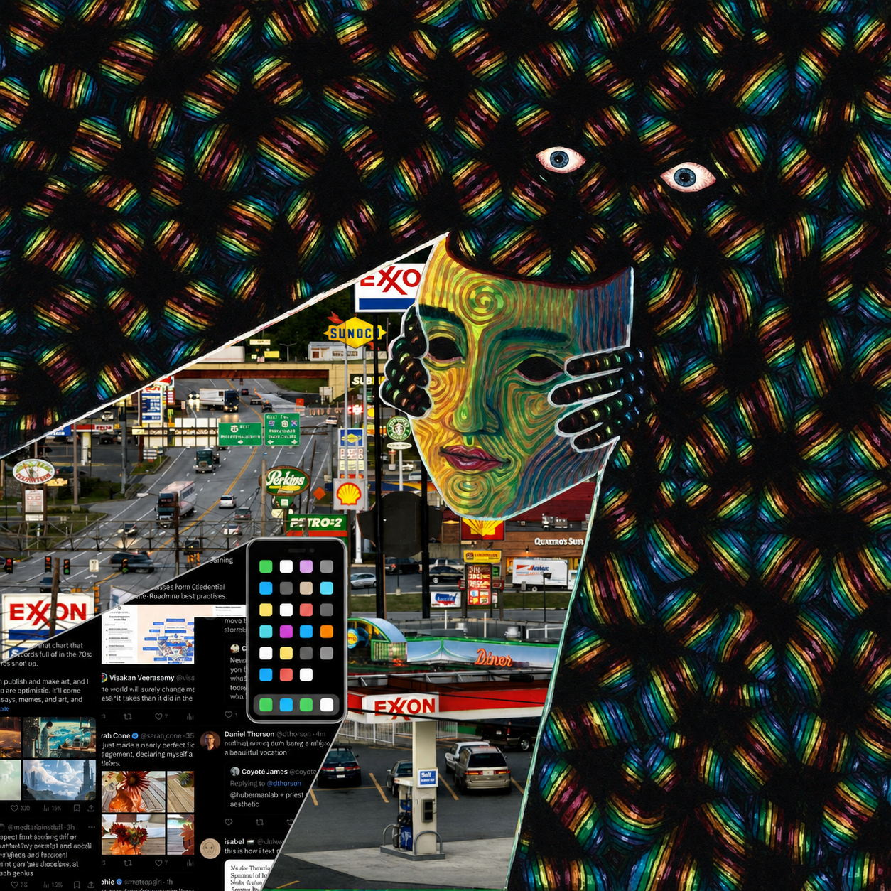 A person holding a mask before layered urban and digital imagery.